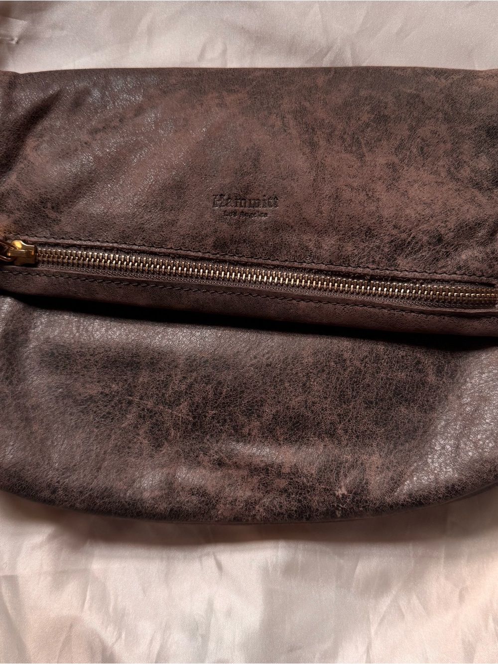 HAMMITT Brown Distressed Leather Fold-Over Clutch with Gold Zipper